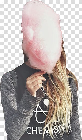 Girl, woman holding cotton candy covering her face transparent background PNG clipart