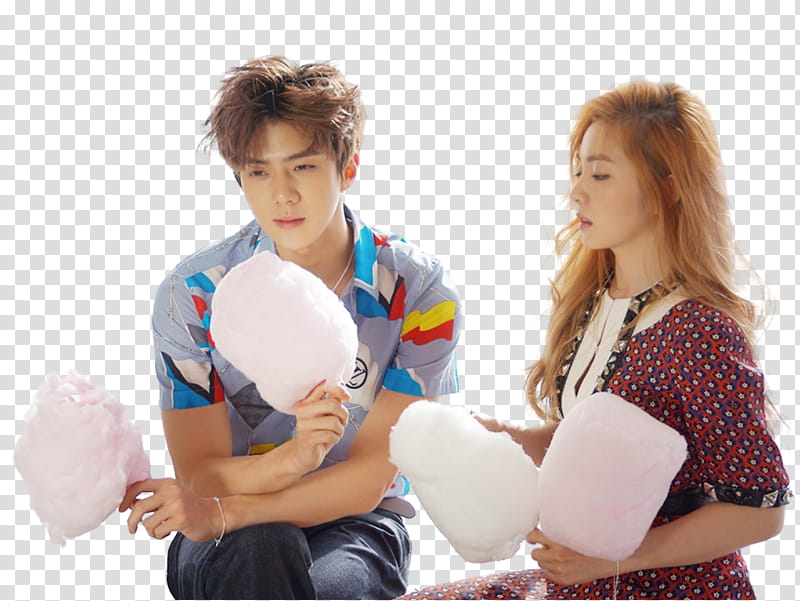 Ceci Sehun Irene P, man and woman holding cotton candies transparent background PNG clipart