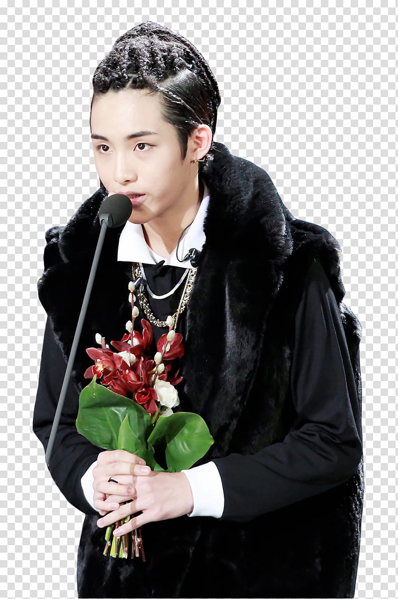 WINWIN NCT, man wearing black robe holding red petaled flower transparent background PNG clipart