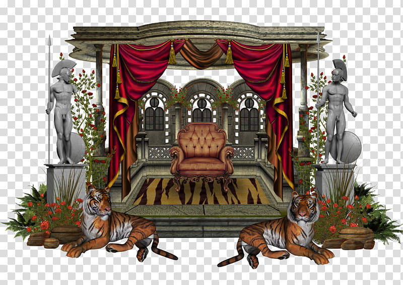 medieval structure , brown leather chair near statues illustration transparent background PNG clipart