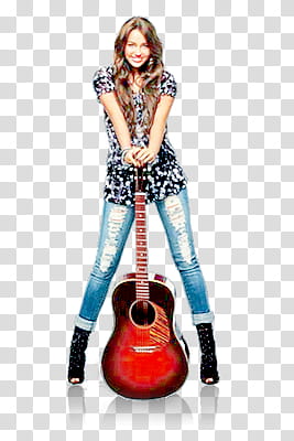 Miley Cyrus, woman holding red and black guitar transparent background PNG clipart