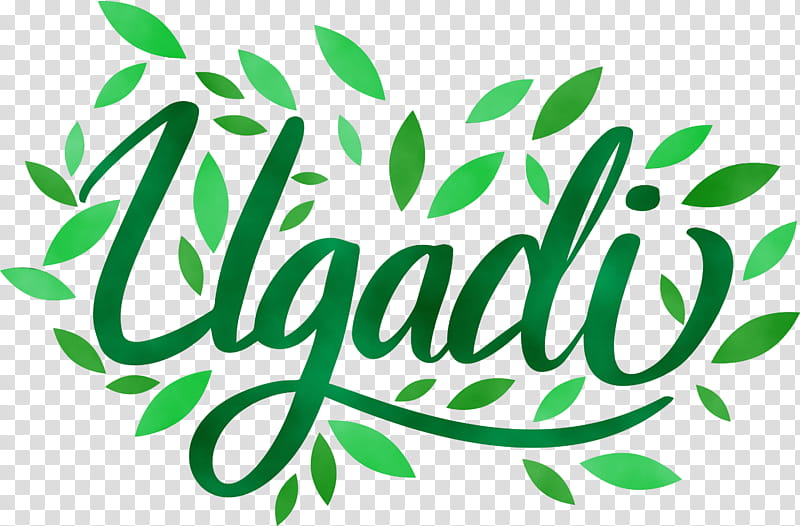 green text leaf font plant, Ugadi, Yugadi, Hindu New Year, Watercolor, Paint, Wet Ink, Logo transparent background PNG clipart