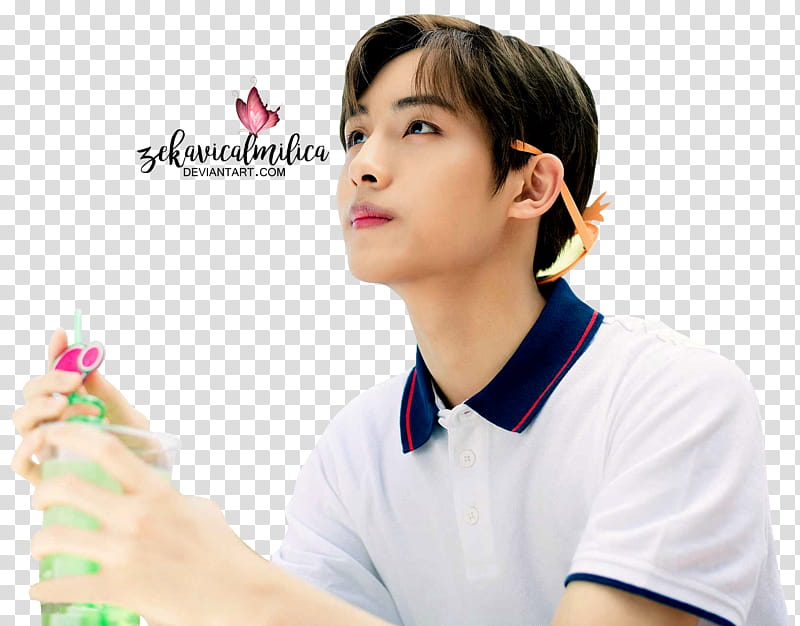 NCT Winwin Summer Vacation, man wearing white and blue polo shirt holding disposable cup transparent background PNG clipart