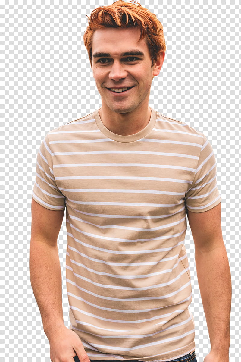 KJ Apa, smiling man wearing brown and white striped crew-neck t-shirt transparent background PNG clipart