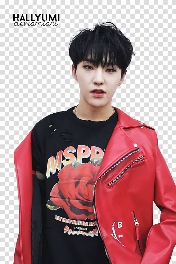 SEVENTEEN Performance Team, man wearing red jacket transparent background PNG clipart