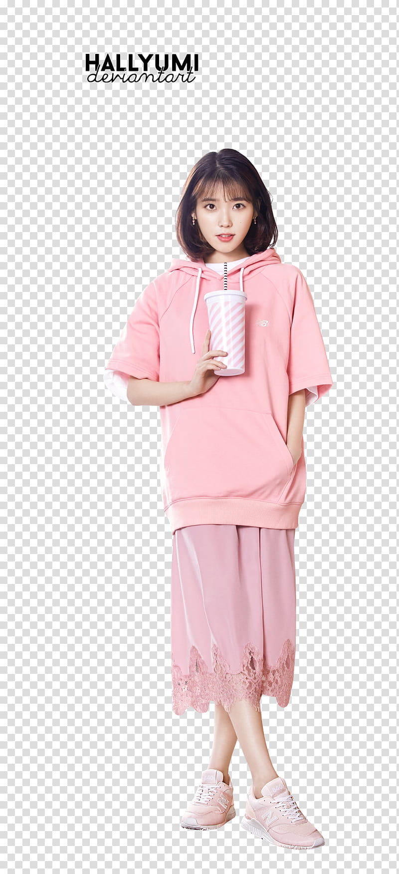 IU, woman wearing pink pullover hoodie and skirt transparent background PNG clipart