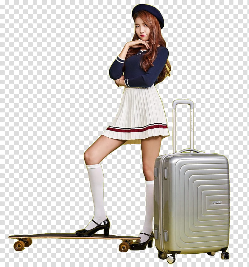 woman stepping on skateboard near gray luggage transparent background PNG clipart