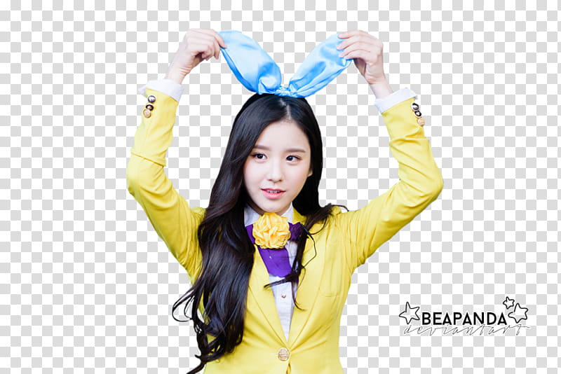 HeeJin LOONA, woman wearing yellow coat and blue Alice band transparent background PNG clipart