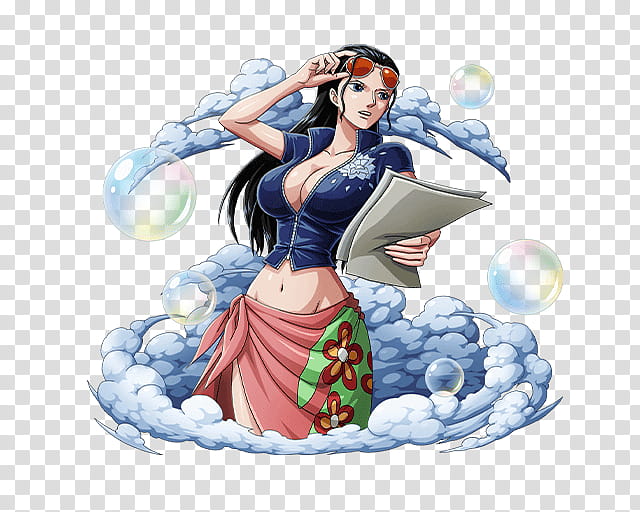 NICO ROBIN, black-haired woman in blue crop-top anime character illustration transparent background PNG clipart