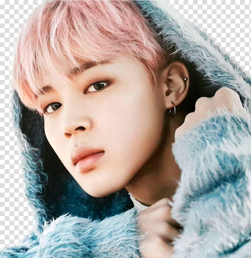 Jimin BTS, pink haired woman in grey fur hoodie transparent background PNG clipart