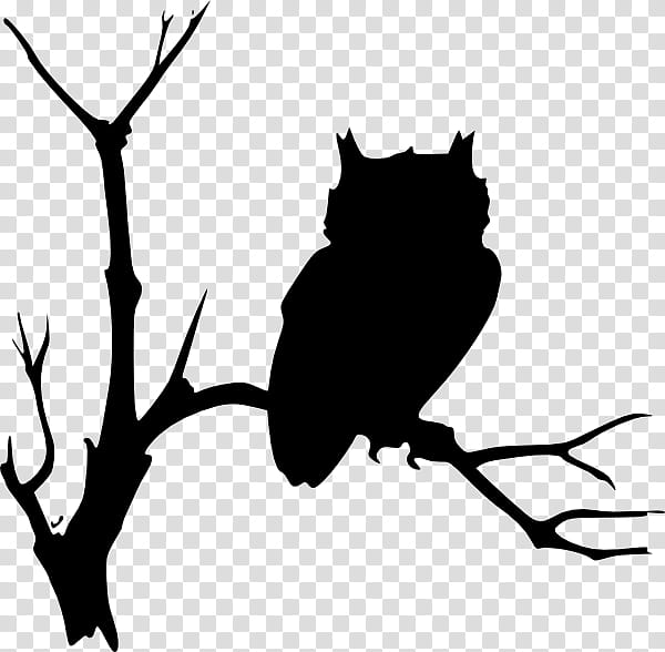 Tree Branch Silhouette, Owl, Drawing, Snowy Owl, Bird, Leaf, Blackandwhite, Twig transparent background PNG clipart