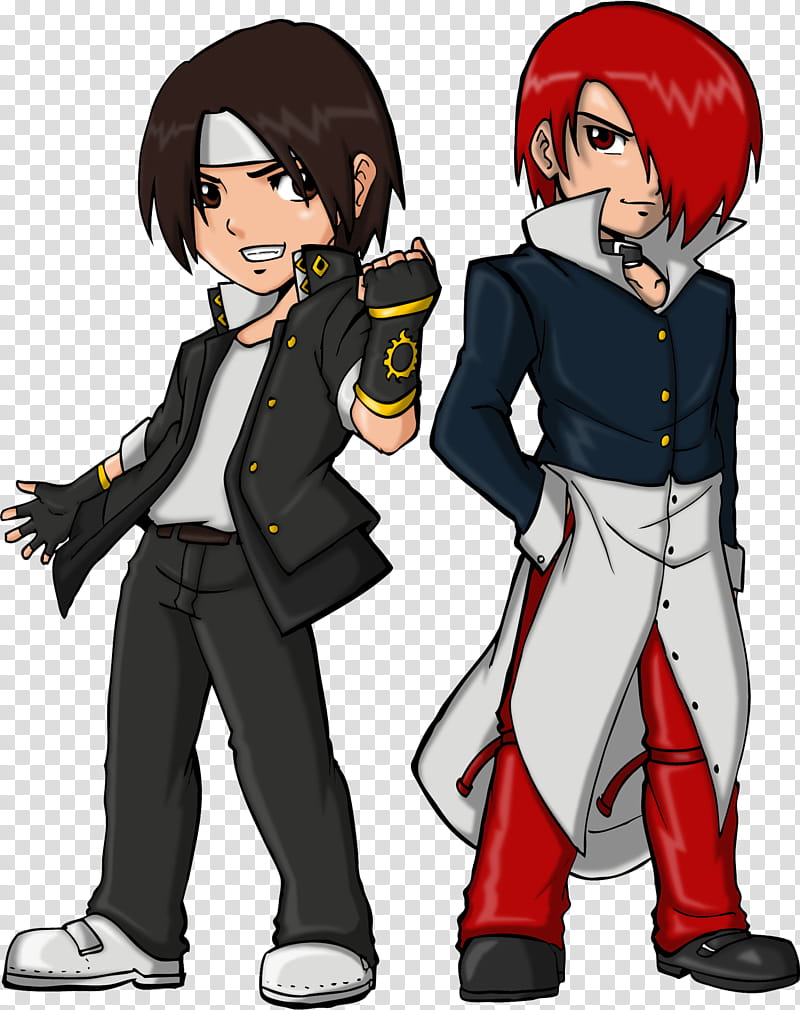 Kyo Iori, two black-haired and red-haired male anime characters transparent background PNG clipart