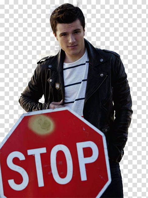 Josh Hutcherson, man wearing black leather biker jacket beside stop signage illustration transparent background PNG clipart