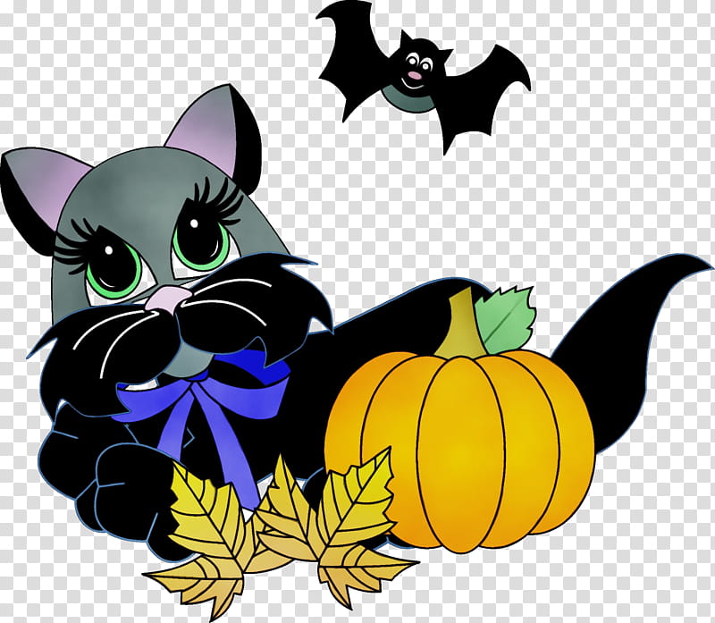 Pumpkin, Watercolor, Paint, Wet Ink, Black Cat, Cartoon, Bat, Small To Mediumsized Cats transparent background PNG clipart