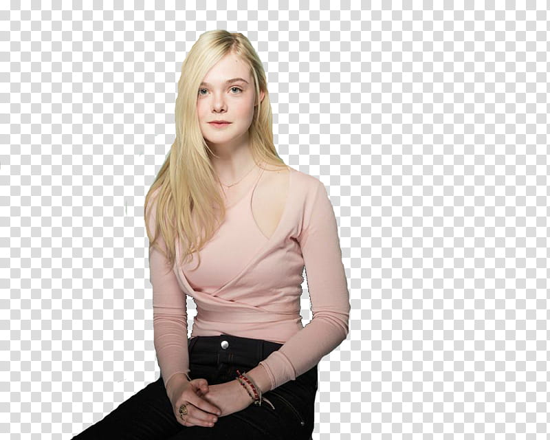 Elle Fanning, woman in beige top and black bottoms transparent background PNG clipart