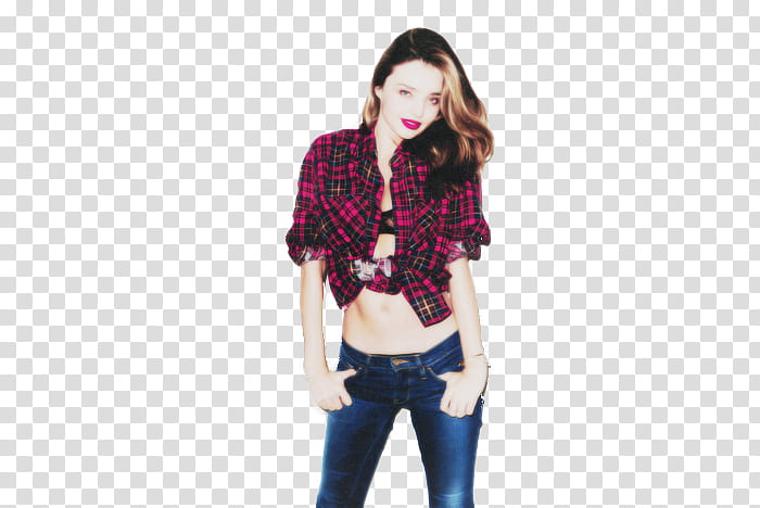 Miranda Kerr, woman wearing red and black plaid dress shirt and blue fitted pants transparent background PNG clipart