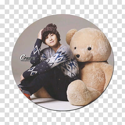 circulos KPOP, man sitting beside life size bear plush toy transparent background PNG clipart