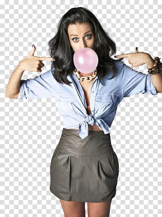 Katy Perry, Katy Perry blowing bubble gum and raising both hands transparent background PNG clipart