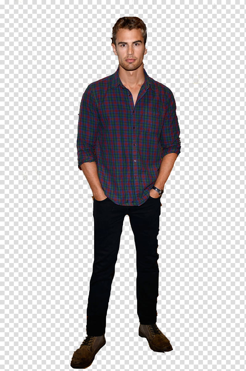 Theo James , man wearing gray plaid button-up sport shirt and black pants transparent background PNG clipart