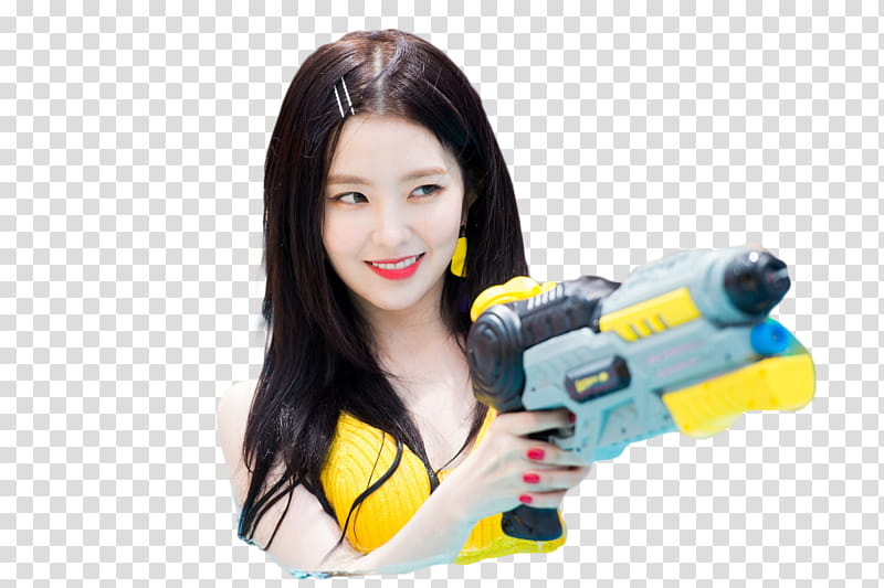 woman holding plastic toy gun transparent background PNG clipart