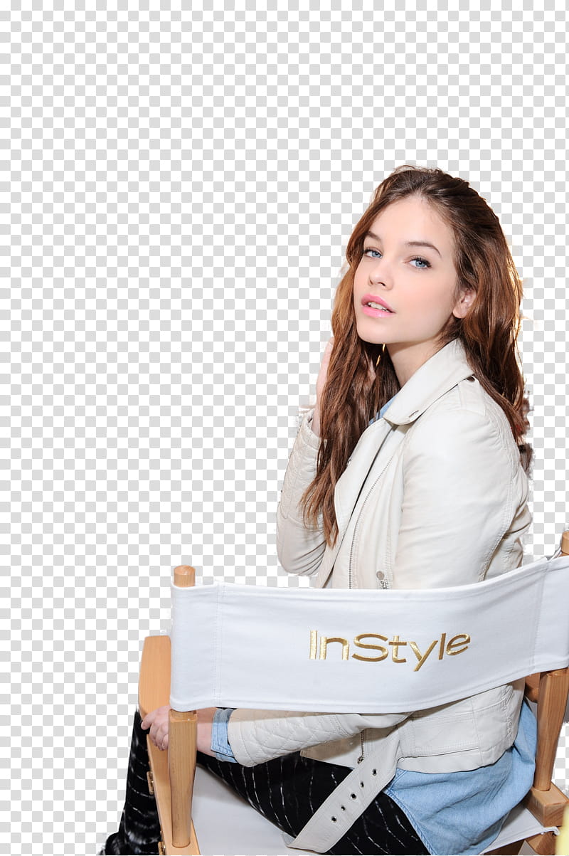 Barbara Palvin , woman sitting on director's chair while looking at the back transparent background PNG clipart
