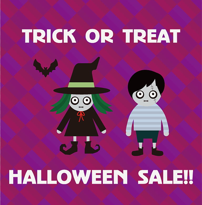 Trick or Treat Halloween Sale Promotion, Cartoon, Violet, Text, Happy, Fictional Character, Smile transparent background PNG clipart