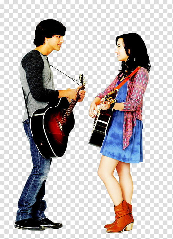 Demi Lovato s, two standing man and woman playing guitars transparent background PNG clipart