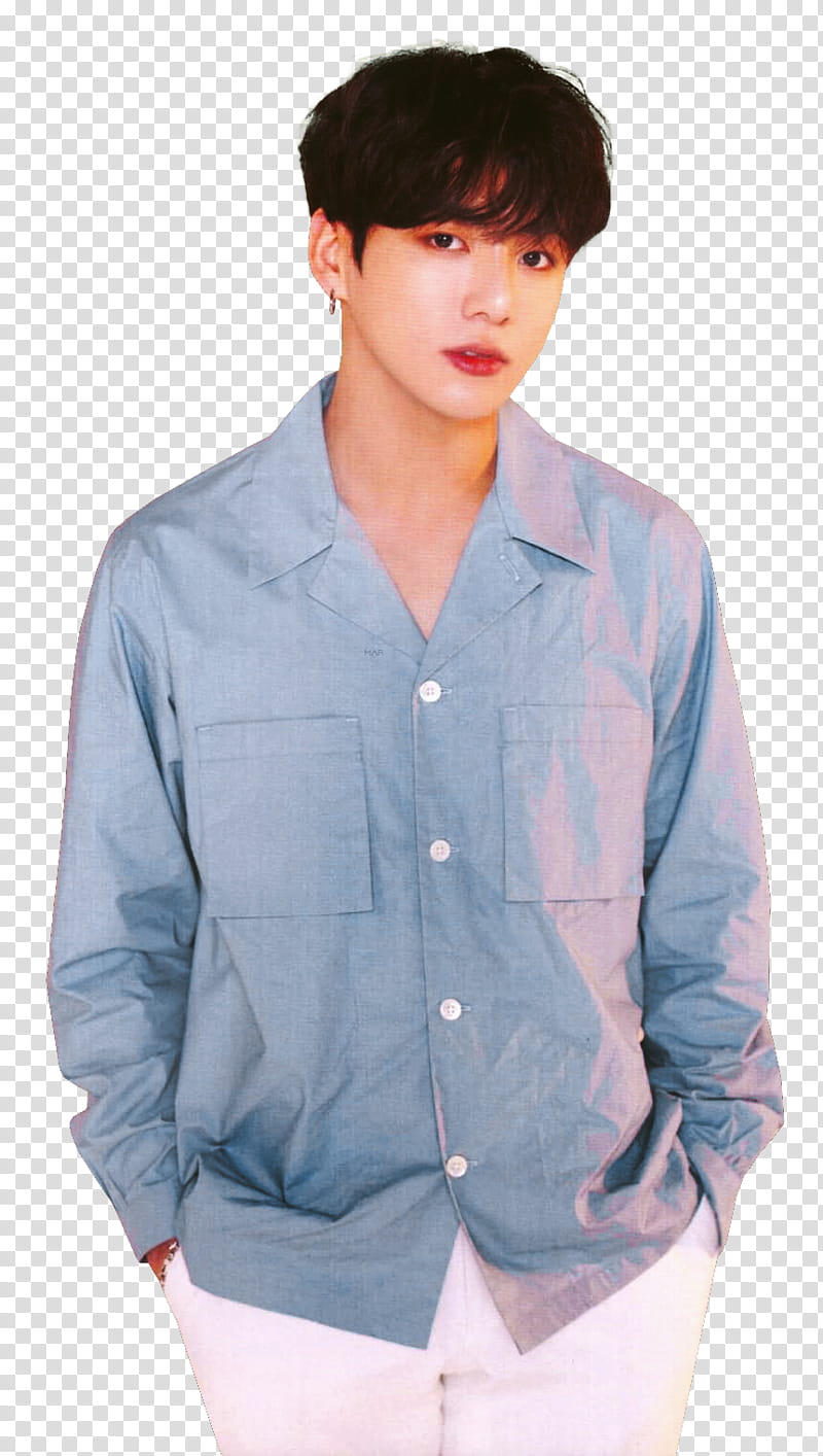 Jeon Jungkook , man wearing blue dress shirt and white bottoms transparent background PNG clipart