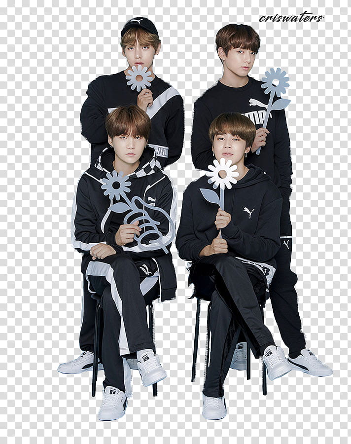 BTS for PUMA, four men in black jackets transparent background PNG clipart