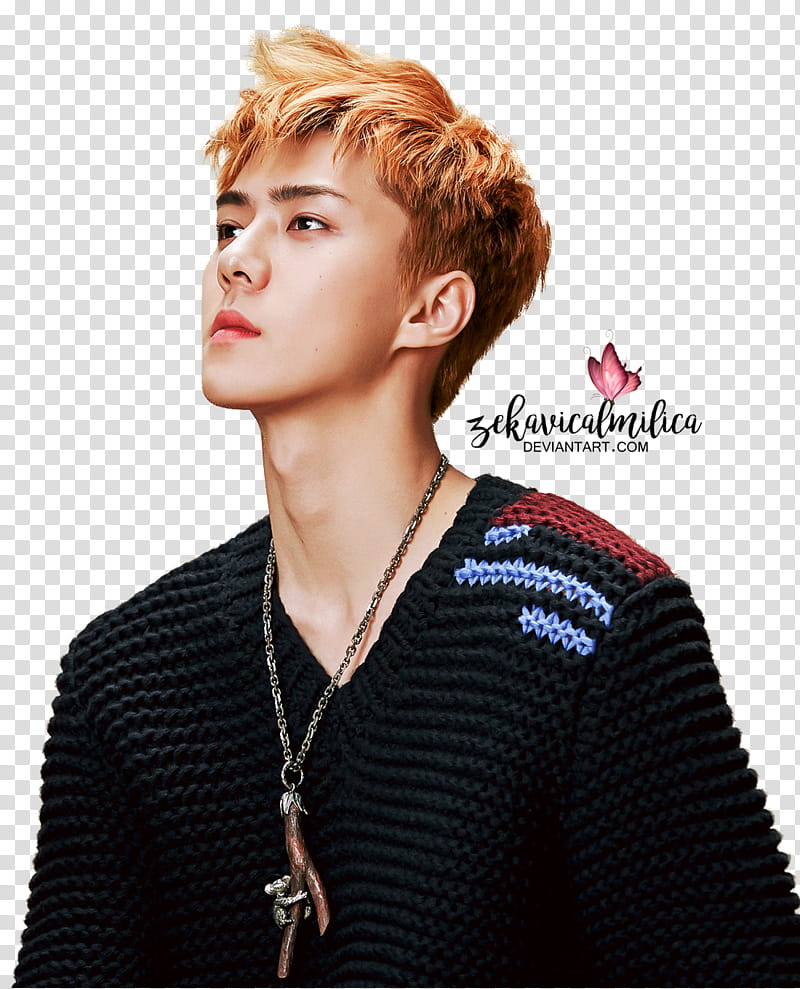 EXO Sehun superELLE, man wearing black shirt looking up transparent background PNG clipart