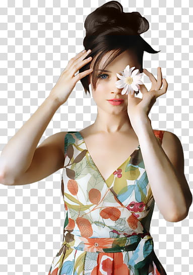 Alexis Bledel render, smiling woman in multicolored floral V-neck sleeveless dress holding and covered one eye with white daisy flower transparent background PNG clipart