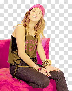 Violetta Martina Stoessel, woman in gray tank sitting on pink sofa transparent background PNG clipart