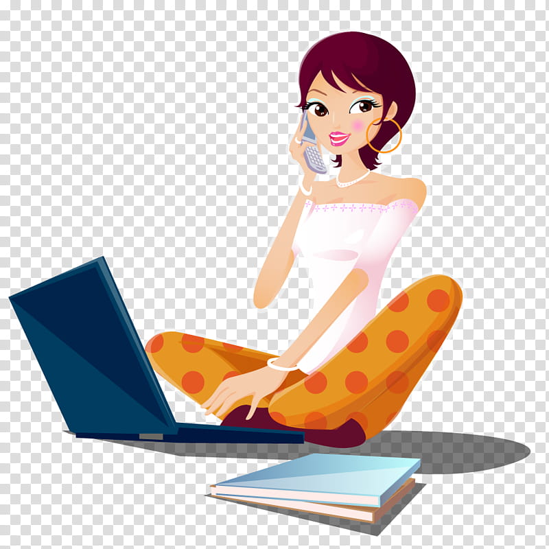 woman sitting using flip phone and laptop illustration transparent background PNG clipart