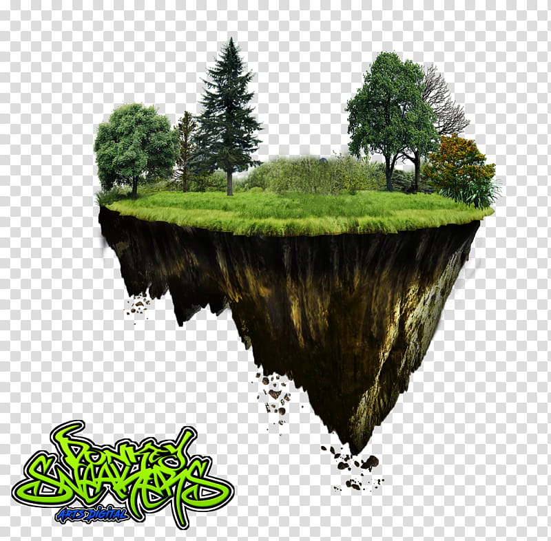DonkeySneakers Floating island, green leafed trees with text overlay transparent background PNG clipart