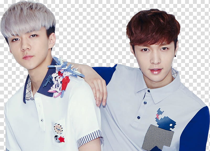 Render EXO for Ivy Club, man leaning right elbow on man's back transparent background PNG clipart