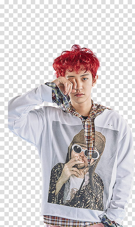 EXO Lucky One P, red-haired man wearing hoodie holding his eye transparent background PNG clipart