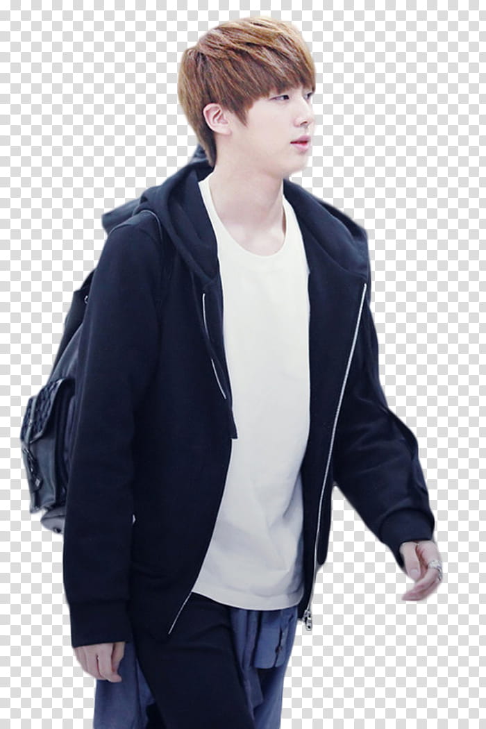 Jin BTS, man wearing black zip-up hoodie close-up graphy transparent background PNG clipart