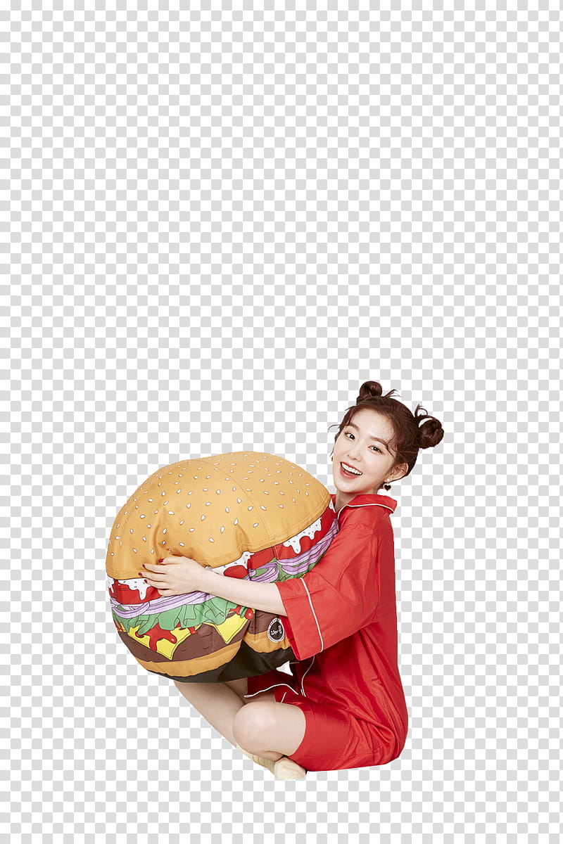 Red Velvet Christmas Home Party, woman carrying hamburger pillow transparent background PNG clipart