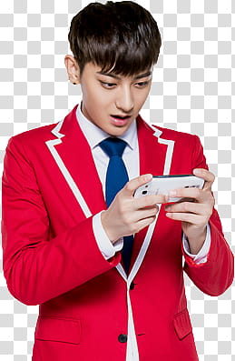 EXO KFC CHINA, standing man wearing red blazer using smartphone transparent background PNG clipart