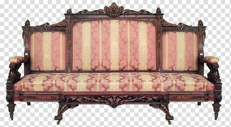 Gothic pink settee in, brown wooden framed beige and pink padded sofa transparent background PNG clipart