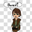 HTTYD Hiccup Shimeji, man sitting on floor with speech balloon under head with bored text transparent background PNG clipart