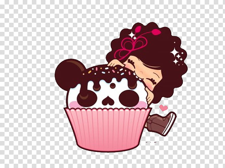 Cute, girl biting oversized cupcake sticker transparent background PNG clipart