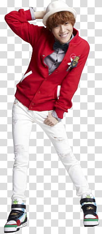 standing man wearing red jacket and white jeans transparent background PNG clipart
