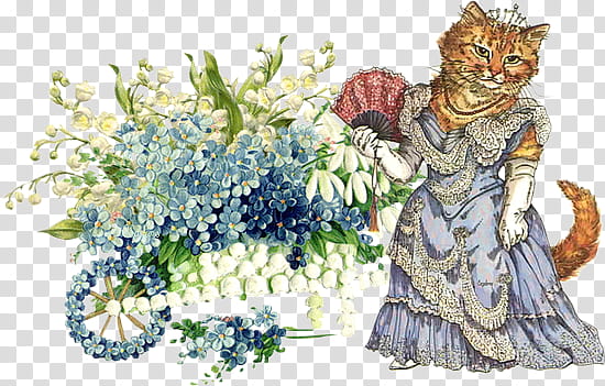 Vintage flower , female cat in dress with flower arrangement artwork transparent background PNG clipart