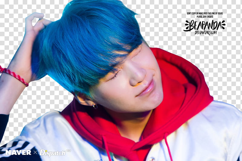 Suga BTS, man touching his blue hair with right hand transparent background PNG clipart