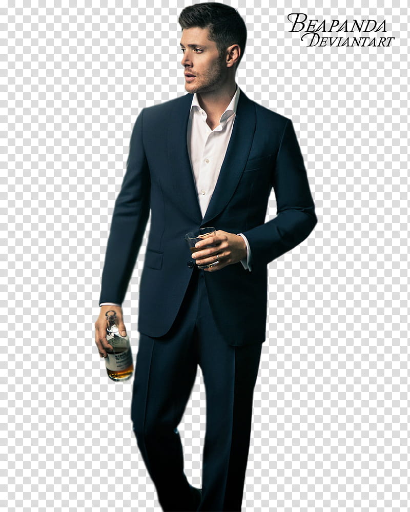 Jensen Ackles, man wearing blue suit holding liquor bottle and rocks glass transparent background PNG clipart