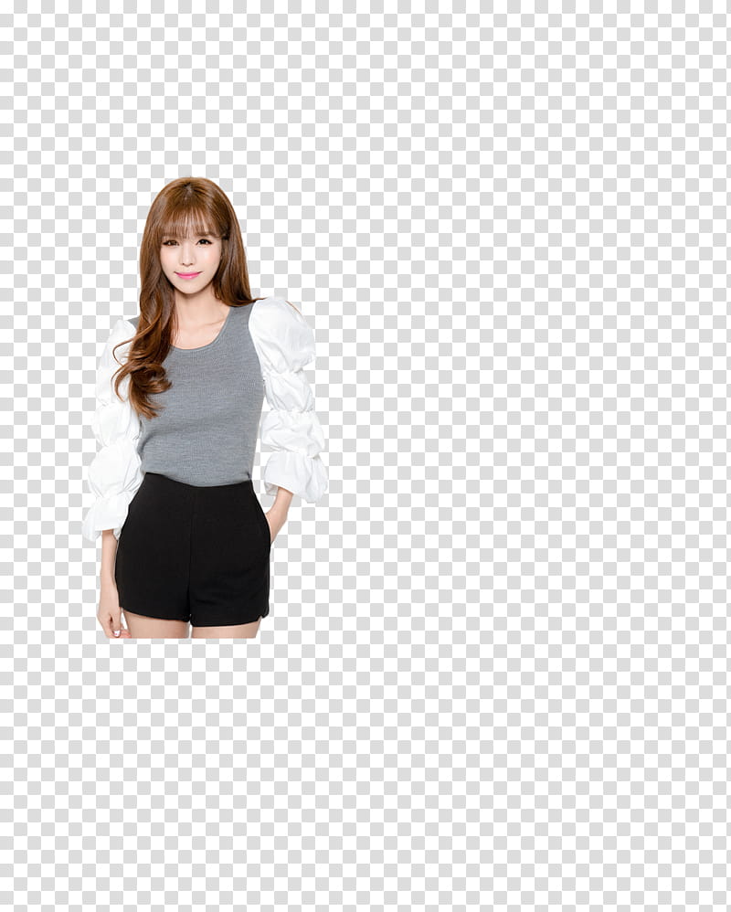 Ulzzang, woman wearing gray and white long-sleeved shirt and black shorts transparent background PNG clipart