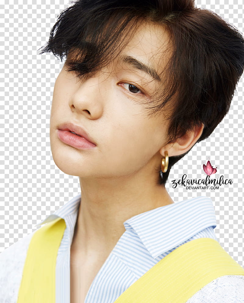 Stray Kids Hyunjin and I N DAZED, man wearing yellow and white collared shirt transparent background PNG clipart