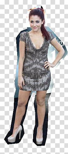 Ariana grande, standing woman wearing gray scoop-neck cap-sleeved mini dress transparent background PNG clipart