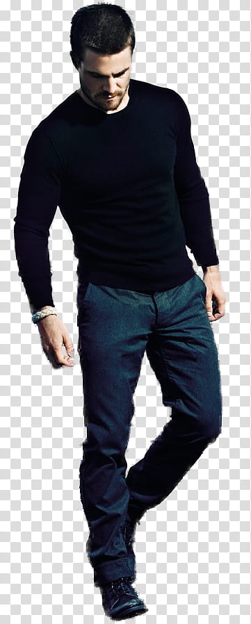 Stephen Amell, man in black long-sleeved shirt and blue denim jeans transparent background PNG clipart